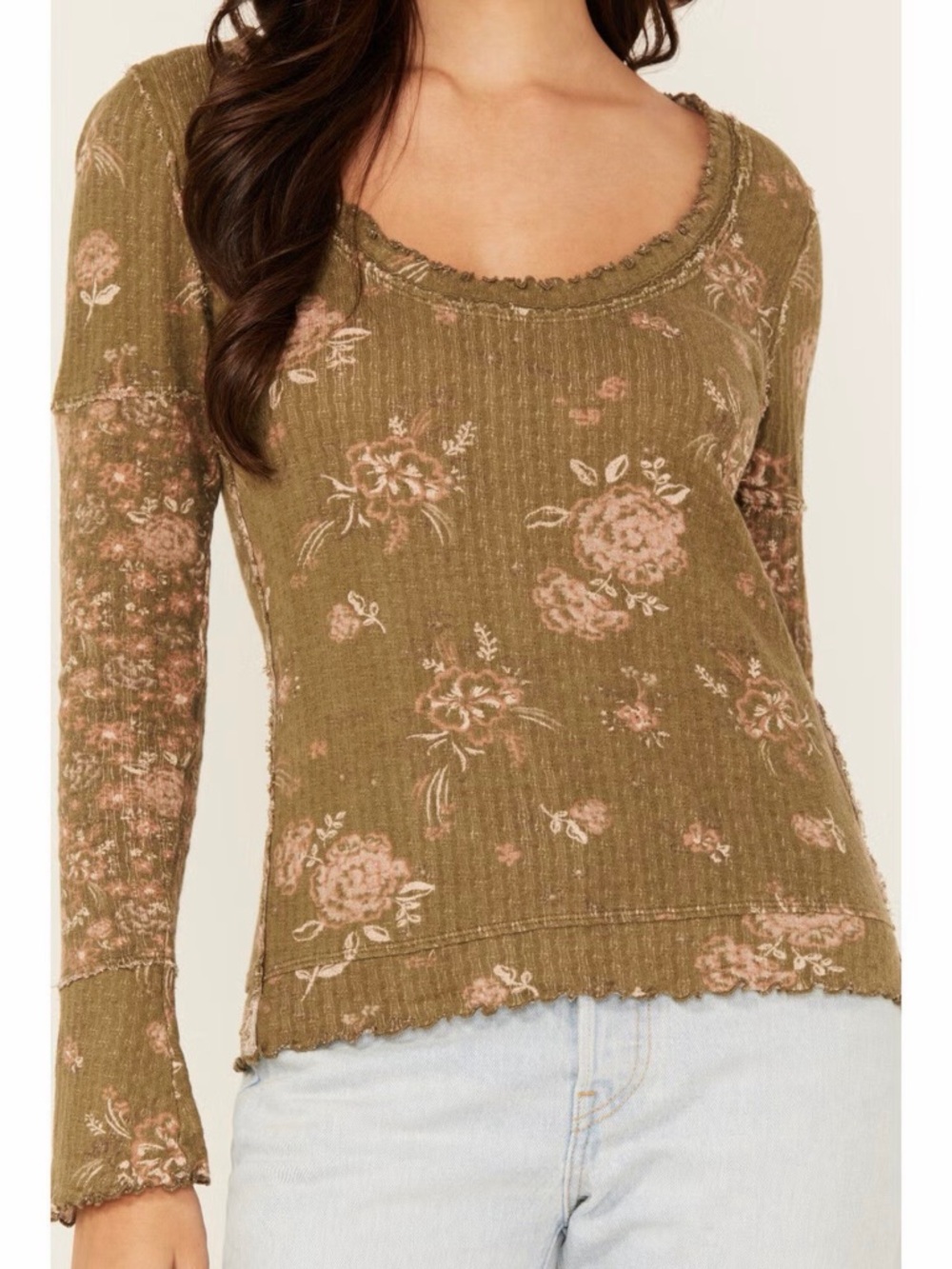 Free People Floral Green Thermal Waffle Henley Long Sleeve Cotton size Large